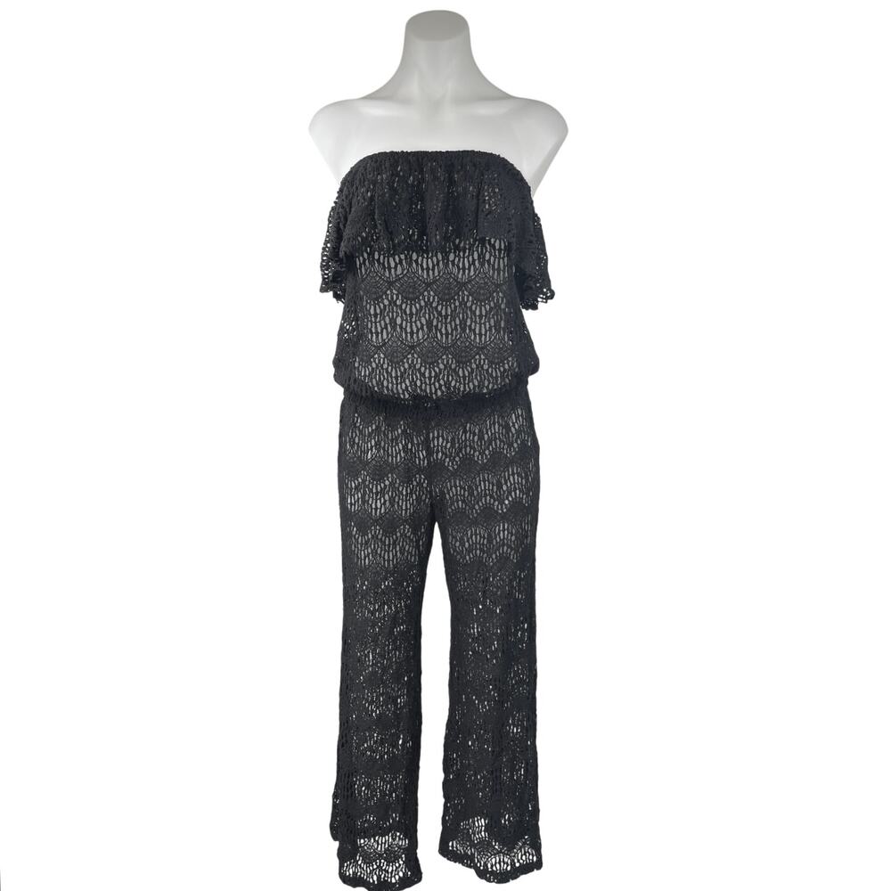 Eberjey Black Crochet Strapless Ruffle Sheer Romper Jumpsuit Beach Cover up S/M